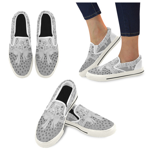 Vintage Roses Polka Dots Ribbon - Grey Silver Women's Slip-on Canvas Shoes/Large Size (Model 019)
