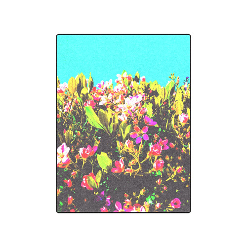 pink flowers with green leaves and blue background Blanket 50"x60"