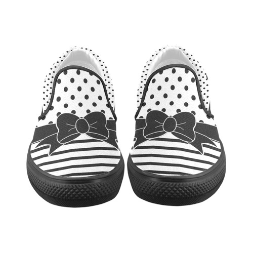 Polka Dots Stripes black white Comic Ribbon black Women's Slip-on Canvas Shoes/Large Size (Model 019)