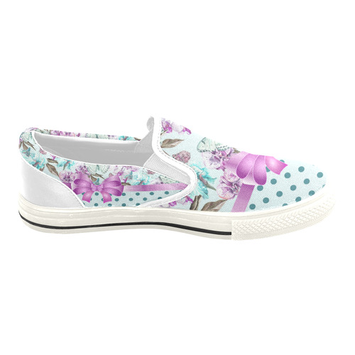 Watercolor Flowers Butterflies Polka Dots Ribbon T Women's Slip-on Canvas Shoes/Large Size (Model 019)