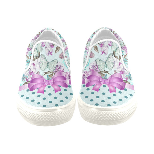 Watercolor Flowers Butterflies Polka Dots Ribbon T Women's Slip-on Canvas Shoes/Large Size (Model 019)