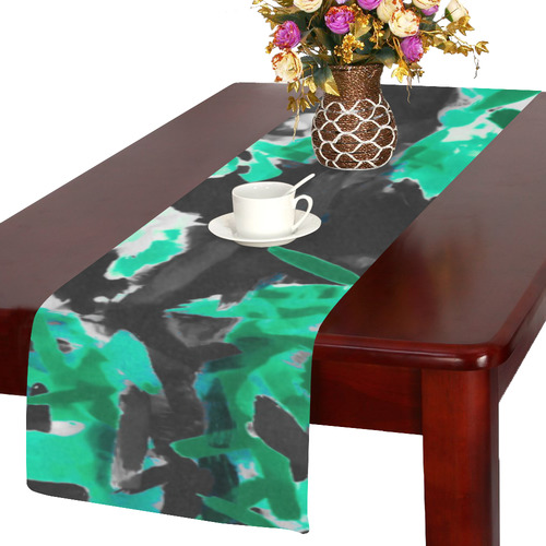 psychedelic vintage camouflage painting texture abstract in green and black Table Runner 14x72 inch