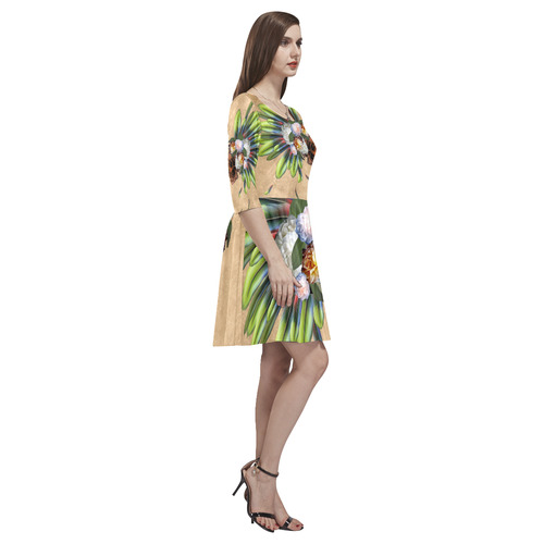 Amazing skull with feathers and flowers Tethys Half-Sleeve Skater Dress(Model D20)