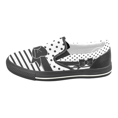 Polka Dots Stripes black white Comic Ribbon black Women's Slip-on Canvas Shoes/Large Size (Model 019)