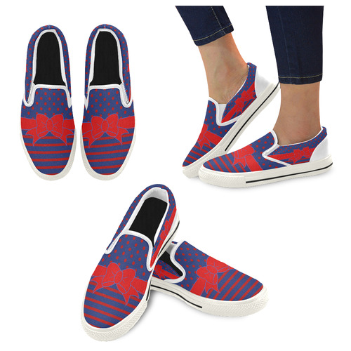 Polka Dots Stripes Comic Ribbon blue red Women's Slip-on Canvas Shoes/Large Size (Model 019)