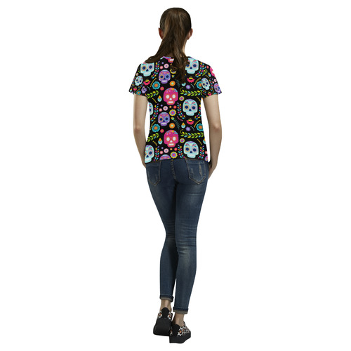 Day of the Dead Sugar Skull Floral Pattern All Over Print T-Shirt for Women (USA Size) (Model T40)