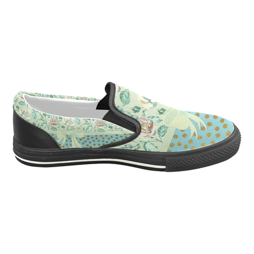 Vintage Roses Polka Dots Ribbon - Teal Gold Women's Slip-on Canvas Shoes/Large Size (Model 019)