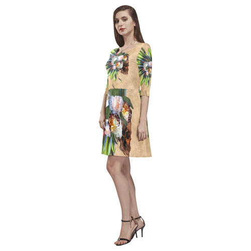 Amazing skull with feathers and flowers Tethys Half-Sleeve Skater Dress(Model D20)