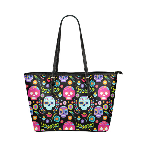 Sugar Skull Day of the Dead Floral Pattern Leather Tote Bag/Small (Model 1651)