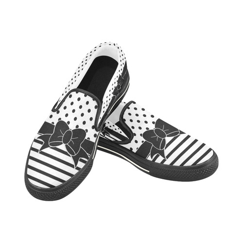 Polka Dots Stripes black white Comic Ribbon black Women's Slip-on Canvas Shoes/Large Size (Model 019)