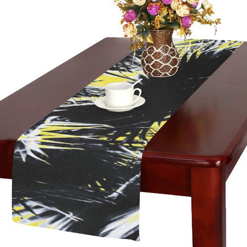 black and white palm leaves with yellow background Table Runner 14x72 inch