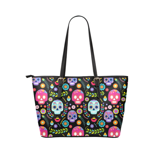 Sugar Skull Day of the Dead Floral Pattern Leather Tote Bag/Small (Model 1651)