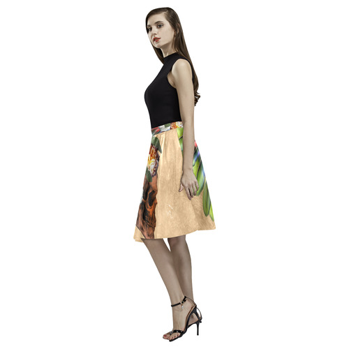 Amazing skull with feathers and flowers Melete Pleated Midi Skirt (Model D15)