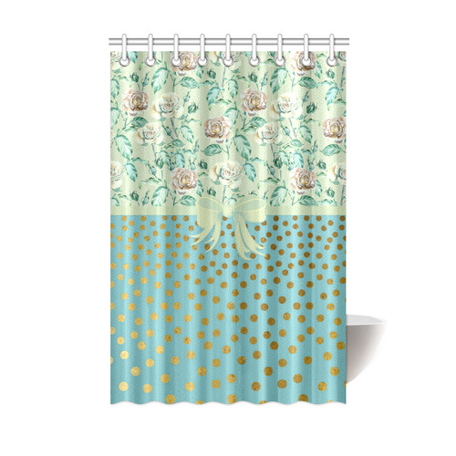 Vintage Roses Polka Dots Ribbon - Teal Gold Shower Curtain 48"x72"