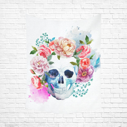 Watercolor Skull With Flowers Floral Cotton Linen Wall Tapestry 60"x 80"