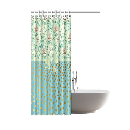 Vintage Roses Polka Dots Ribbon - Teal Gold Shower Curtain 48"x72"