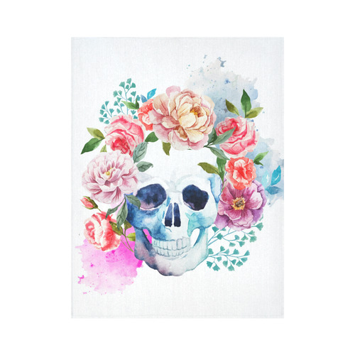 Watercolor Skull With Flowers Floral Cotton Linen Wall Tapestry 60"x 80"