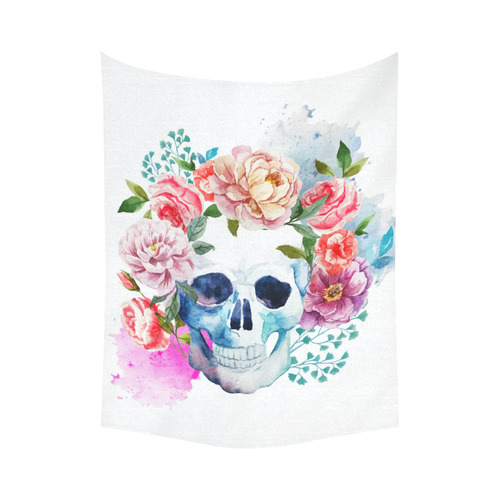 Watercolor Skull With Flowers Floral Cotton Linen Wall Tapestry 60"x 80"