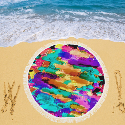 psychedelic splash painting texture abstract background in pink green purple yellow brown Circular Beach Shawl 59"x 59"