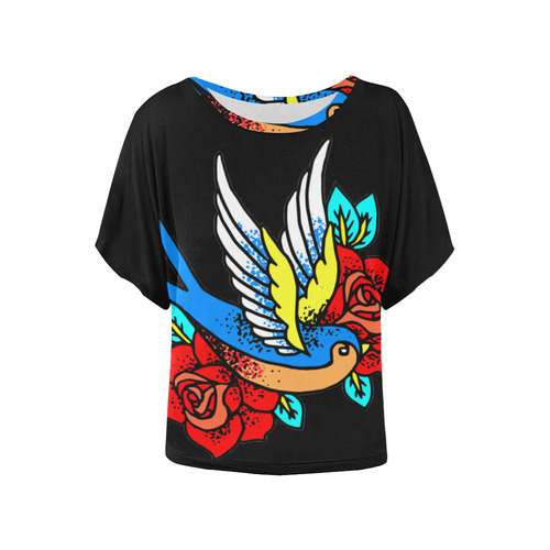 Bird With Red Roses Floral Tattoo Women's Batwing-Sleeved Blouse T shirt (Model T44)