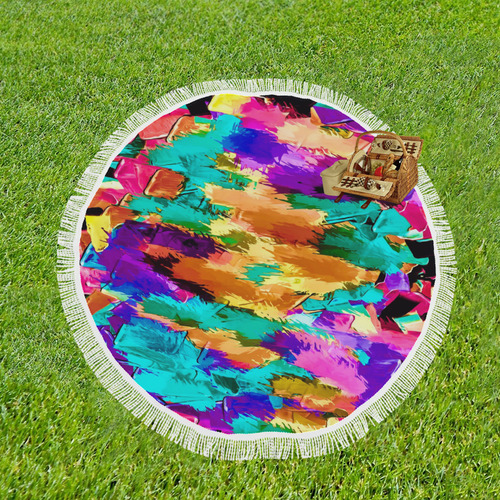 psychedelic splash painting texture abstract background in pink green purple yellow brown Circular Beach Shawl 59"x 59"