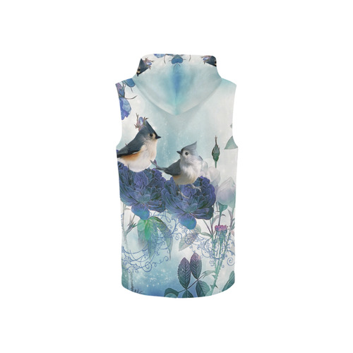 Cute birds with blue flowers All Over Print Sleeveless Zip Up Hoodie for Women (Model H16)