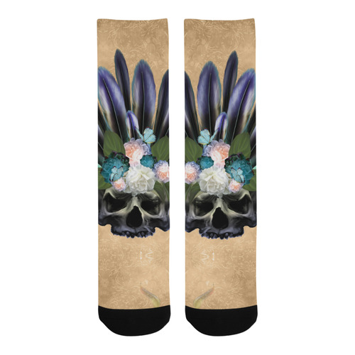 Cool skull with feathers and flowers Trouser Socks