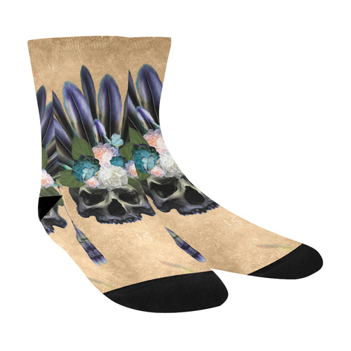 Cool skull with feathers and flowers Crew Socks