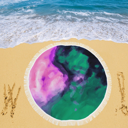 psychedelic splash painting texture abstract background in green and pink Circular Beach Shawl 59"x 59"