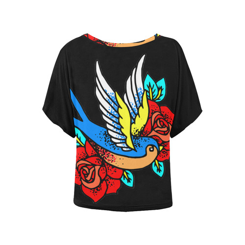 Bird With Red Roses Floral Tattoo Women's Batwing-Sleeved Blouse T shirt (Model T44)