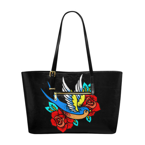 Bird With Red Roses Floral Tattoo Euramerican Tote Bag/Large (Model 1656)