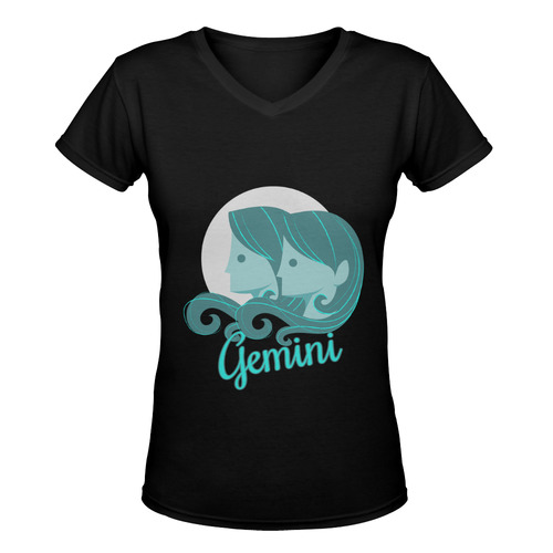 Gemini Teal and Black Women's Deep V-neck T-shirt (Model T19)