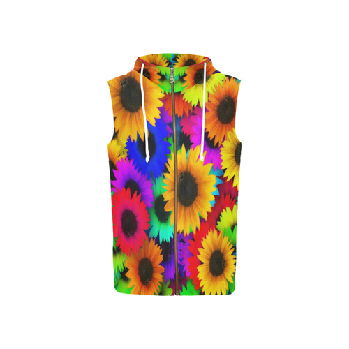 Neon Rainbow Pop Sunflowers All Over Print Sleeveless Zip Up Hoodie for Women (Model H16)