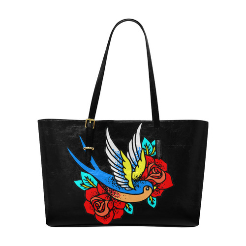 Bird With Red Roses Floral Tattoo Euramerican Tote Bag/Large (Model 1656)