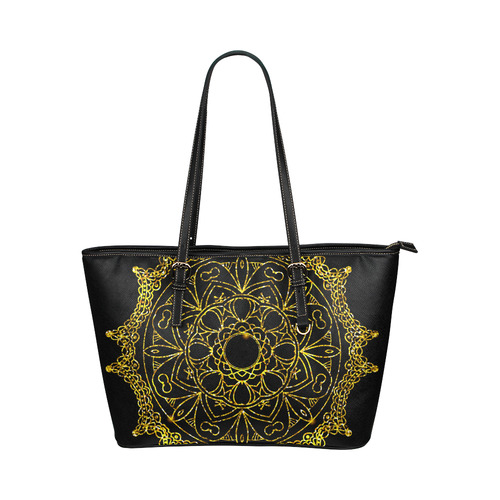 Gold Floral Mandala Leather Tote Bag/Large (Model 1651)
