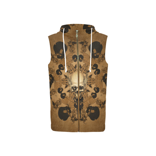 Skull with skull mandala on the background All Over Print Sleeveless Zip Up Hoodie for Women (Model H16)