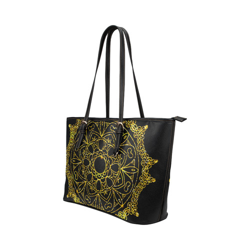 Gold Floral Mandala Leather Tote Bag/Large (Model 1651)