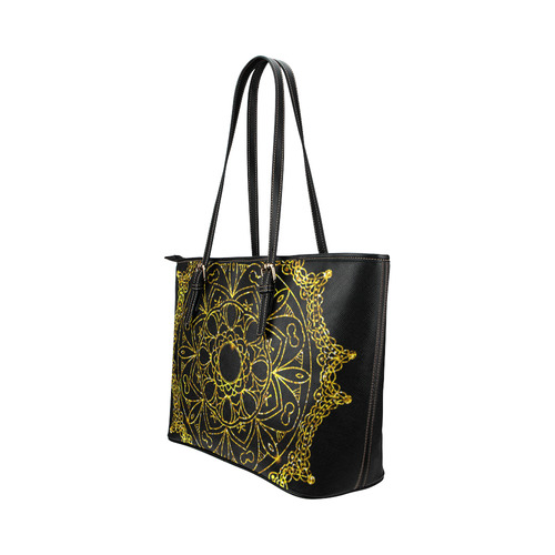 Gold Floral Mandala Leather Tote Bag/Large (Model 1651)