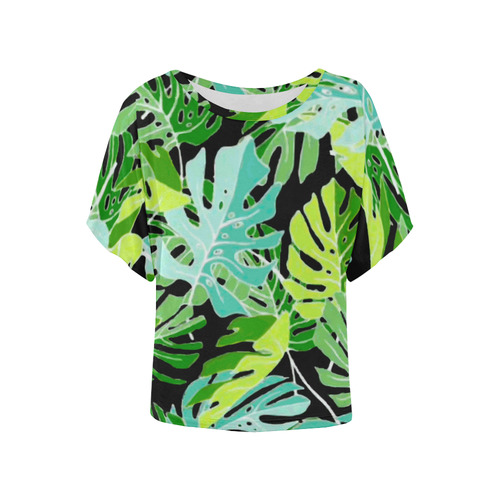 Tropical Leaves Floral Pattern Women's Batwing-Sleeved Blouse T shirt (Model T44)