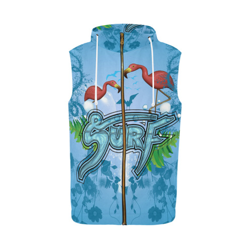Surfing with flamingos All Over Print Sleeveless Zip Up Hoodie for Men (Model H16)