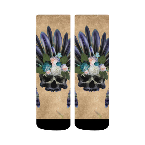 Cool skull with feathers and flowers Crew Socks