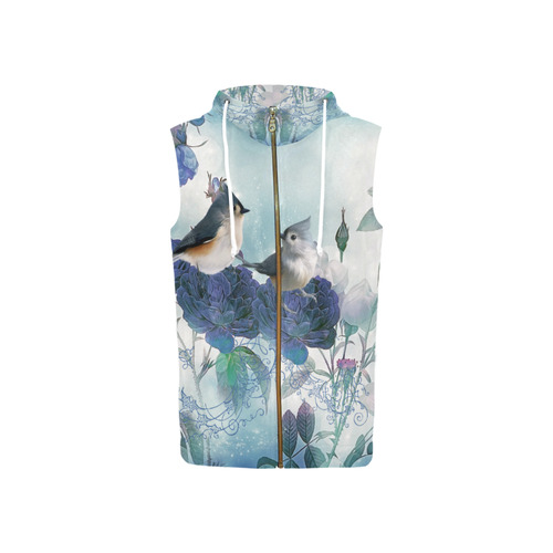 Cute birds with blue flowers All Over Print Sleeveless Zip Up Hoodie for Women (Model H16)