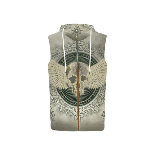 Skull with wings and roses on vintage background All Over Print Sleeveless Zip Up Hoodie for Women (Model H16)