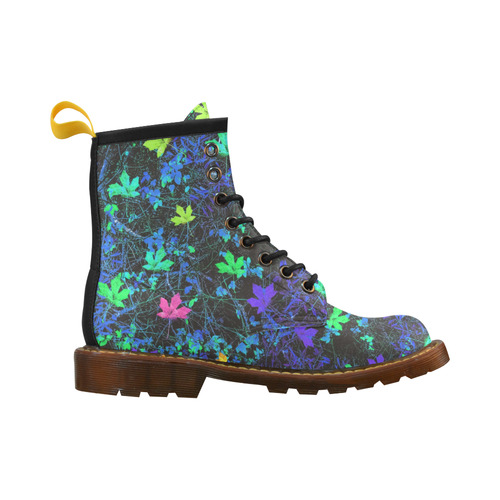 maple leaf in pink green purple blue yellow with blue creepers plants background High Grade PU Leather Martin Boots For Women Model 402H