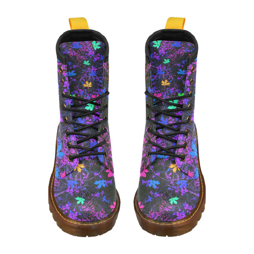 maple leaf in pink blue green yellow purple with pink and purple creepers plants background High Grade PU Leather Martin Boots For Women Model 402H