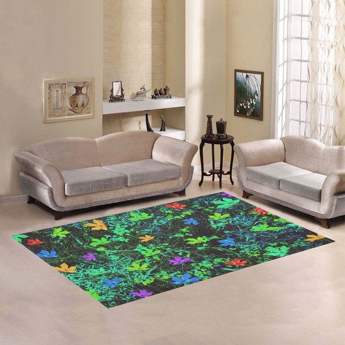 maple leaf in pink blue green yellow orange with green creepers plants background Area Rug7'x5'