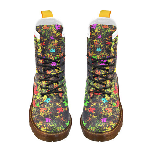 maple leaf in blue red green yellow pink orange with green creepers plants background High Grade PU Leather Martin Boots For Women Model 402H