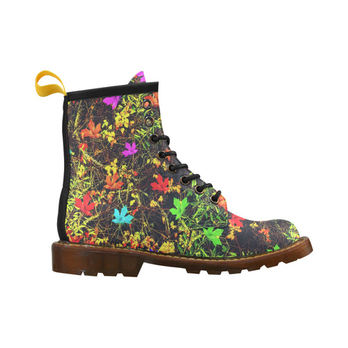 maple leaf in blue red green yellow pink orange with green creepers plants background High Grade PU Leather Martin Boots For Men Model 402H