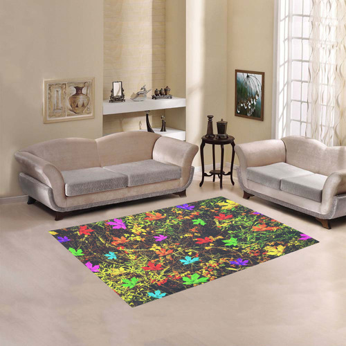 maple leaf in blue red green yellow pink orange with green creepers plants background Area Rug 5'3''x4'