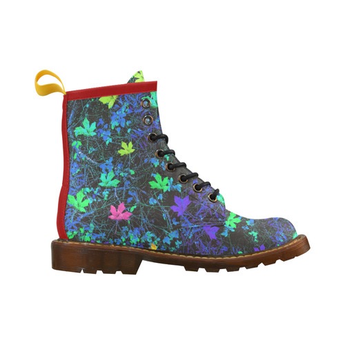 maple leaf in pink green purple blue yellow with blue creepers plants background High Grade PU Leather Martin Boots For Women Model 402H